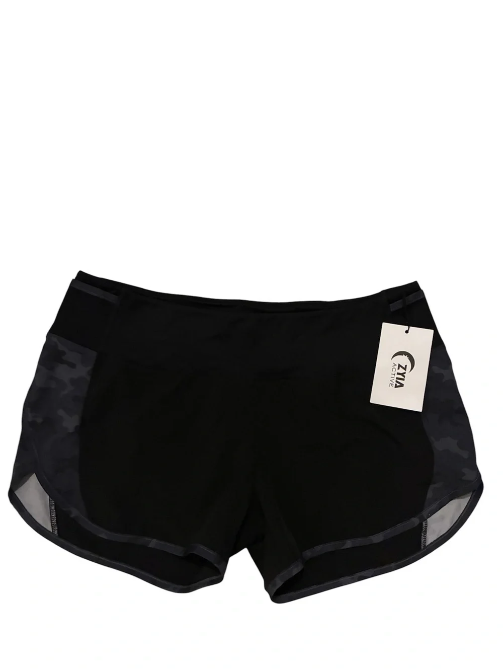 ZYIA Black Athletic Shorts with Dark Gray Camo Panels